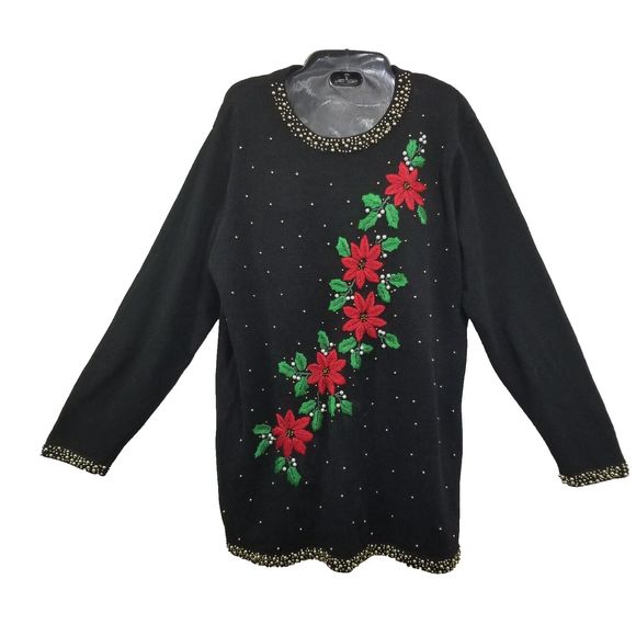 BP Designs Christmas Poinsettias Sweater Black Beaded Pearls Pullover Size Med - Picture 1 of 16